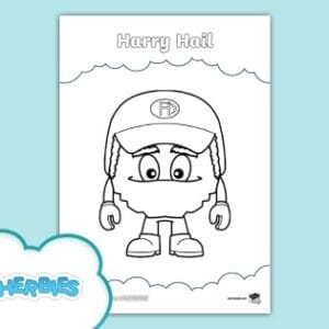 Preview image of a free downloadable Harry Hail colouring page from Twinkl; Harry is standing smiling, wearing a baseball cap. Eco Schools and Weatherbies logos appear bottom left, an 'ink saving Eco' logo is bottom right.