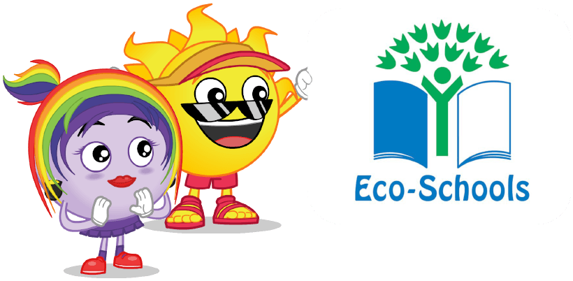 Rosie Rainbow and Sammy Sun stand beside an Eco-Schools logo, looking delighted. The image links through to the Weatherbies official early years partnership page on Eco-Schools NI's website.