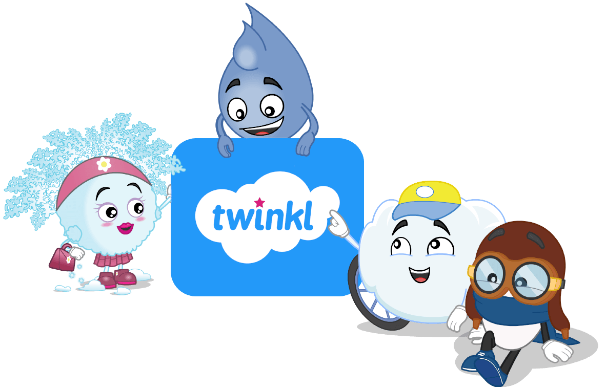 Flo Snow, Ronny Rain, Colin Cloud and Willy Wind gather around the Twinkl logo. The image links through to the Weatherbies Twinkl NI partnership page on the Twinkl website.