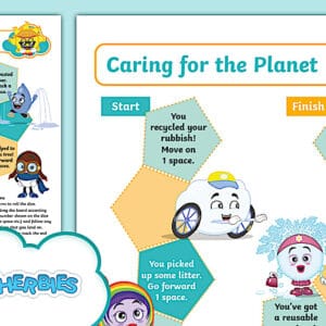 An image of the free Weatherbies Caring for the Planet board game (printable sheet) from Twinkl.com, one of the Weatherbies range of Global Citizenship teaching resources