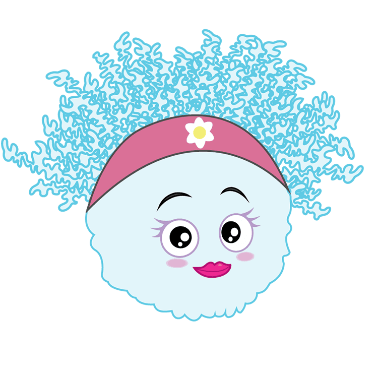 Flo Snow is light blue with blue frizzy hair. She wears a pink headband with a white flower in the centre. Image clicks through to her story book page.
