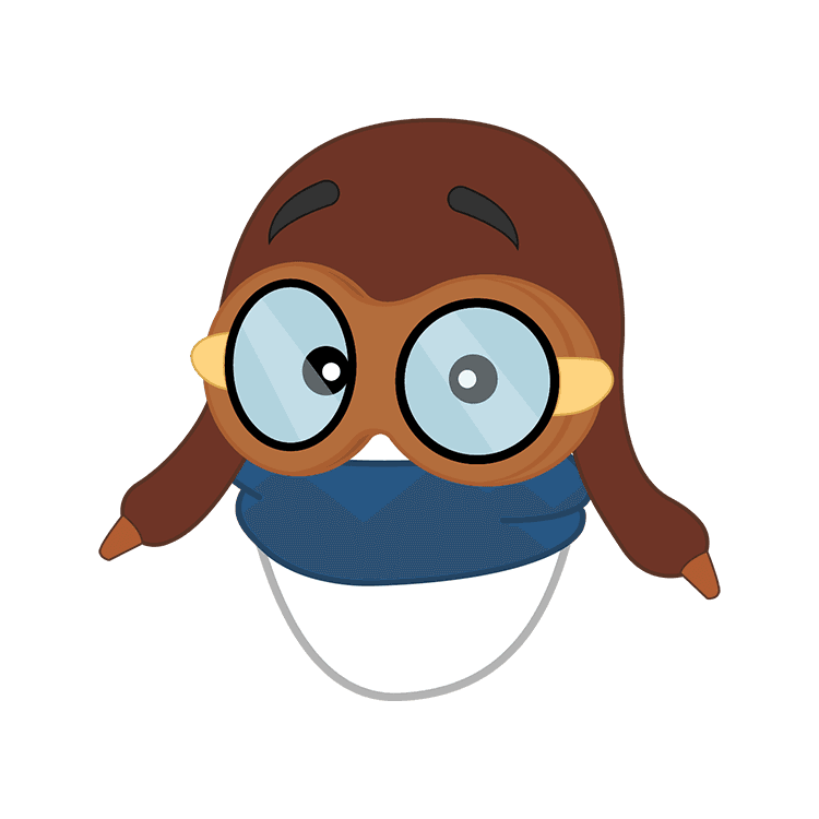 Willy Wind wears a brown pilot's hat with ear flaps, a blue scarf and goggles. Image clicks through to his story book page.