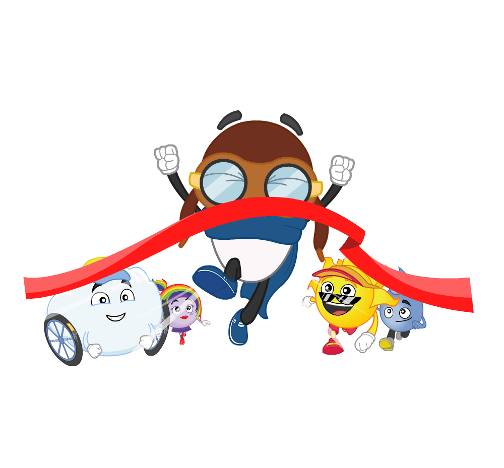 Willy Wind runs through a ribbon, winning a race, arms triumphantly in the air. He is followed by a smiling Colin Cloud, Rosie Rainbow, Sammy Sun and Ronny Rain