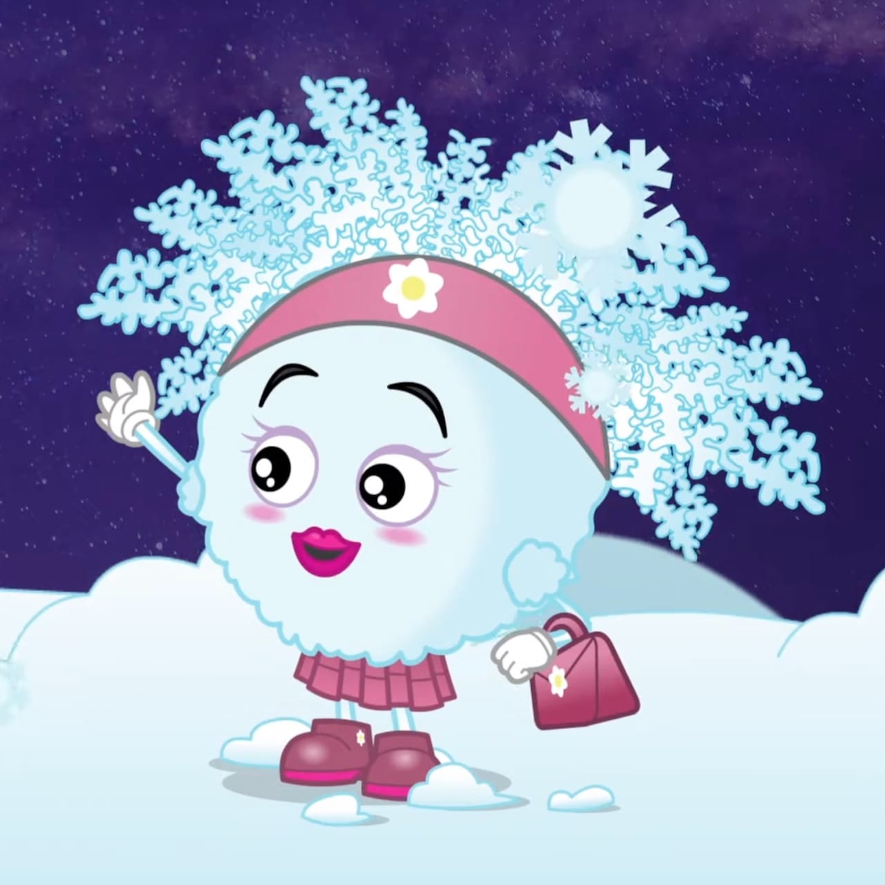 Flo Snow waves to someone, against a purple night sky. She is wearing a pink headband, a pink skirt and pink shoes, and carries a pink handbag.