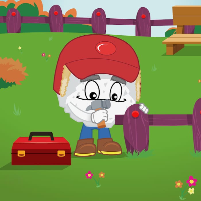 Harry Hail is mending a Skytown fence with hammer and nail. He wears a red cap which matches the red toolbox on the ground beside him.