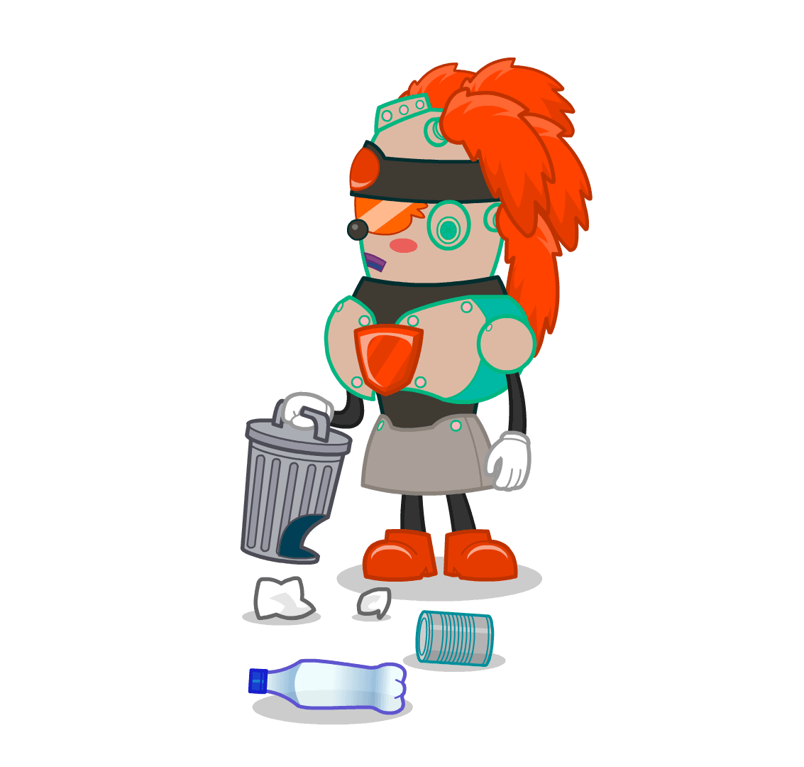 Lisa Litter is holding a bin with a hole in it, dropping litter onto the ground. She is punk-looking, with flaming red hair and wears a metallic outfit and red boots.
