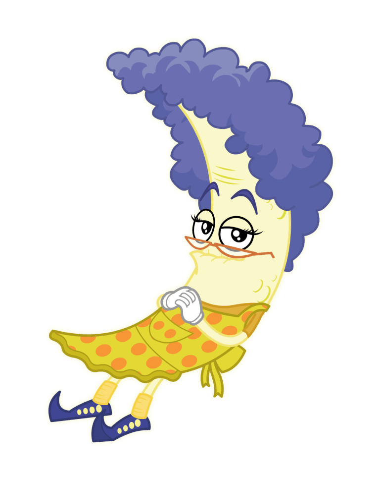 Mary Moon has purple curly hair and purple boots. She wears a spotted mustard-coloured apron, and red glasses. She is smiling with hands folded.