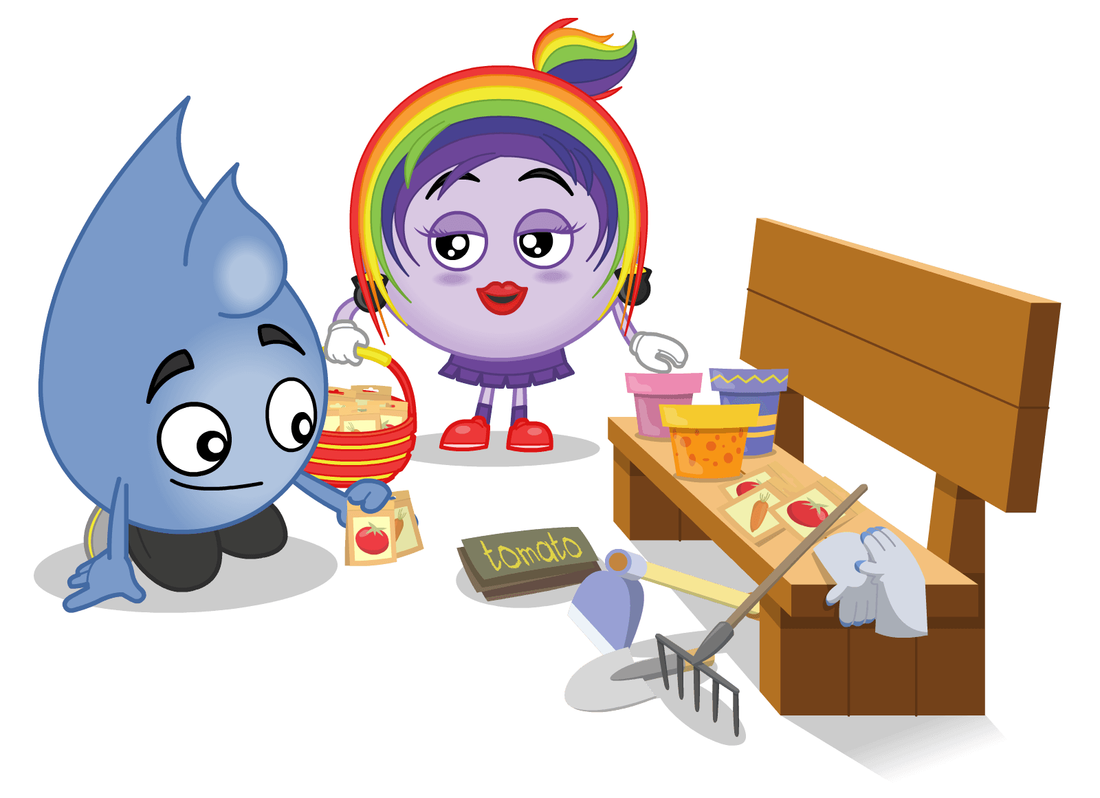 Rosie Rainbow carries a basket of seeds to Ronny Rain, who is kneeling in front of a bench with gardening tools on and around it