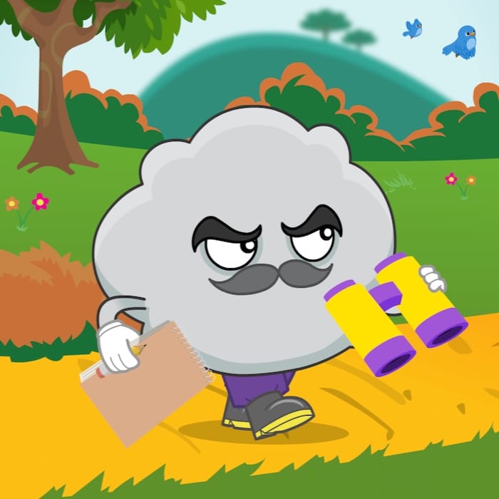 Tommy Thunder is birdwatching with his binoculars in one hand and his notepaper in the other. He wears purple trousers and grey boots.