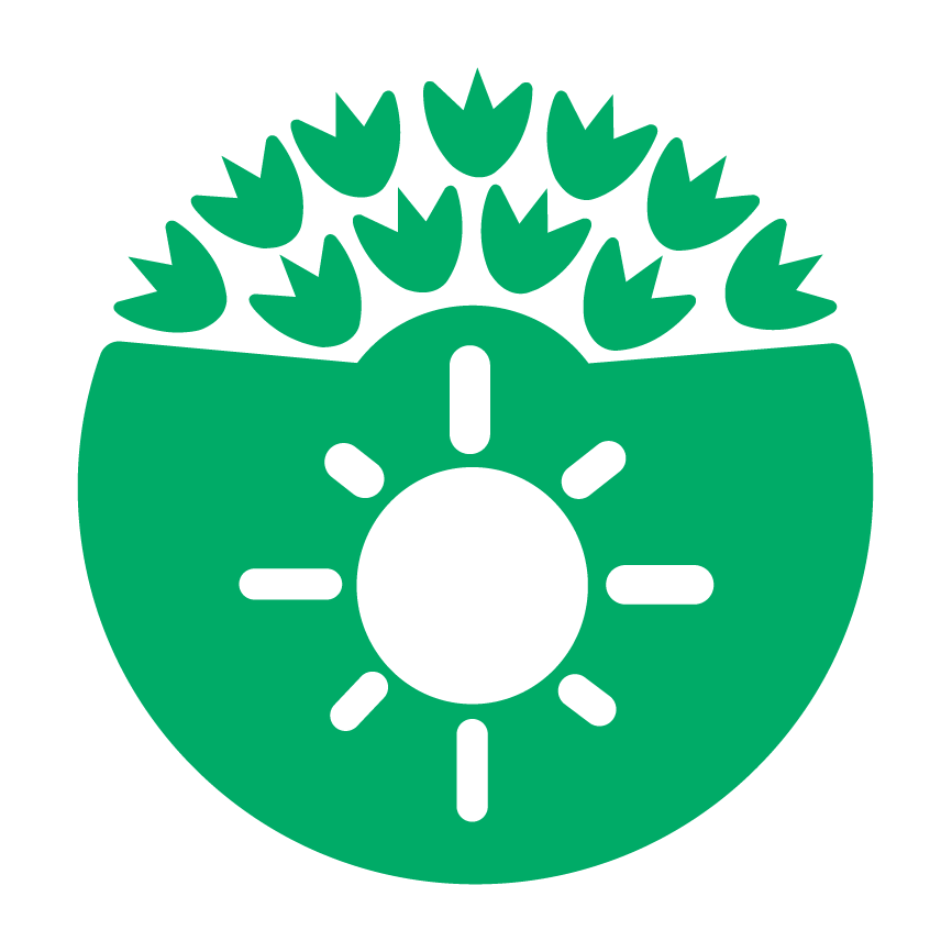 The Eco-Schools Energy icon (a white sun symbol on a green background with green flowers arrayed above it)