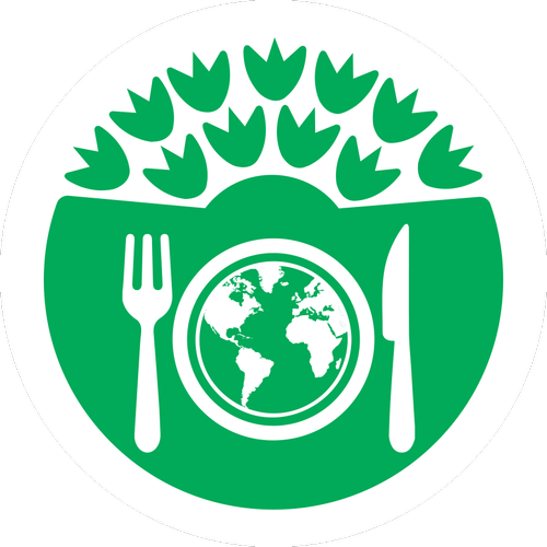 The Eco-Schools Food icon (a white knife, fork and plate, covered with a map of the earth, on a green background with green leaves arrayed above it)