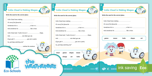 The Weatherbies Colin Cloud is Making Shapes cloze procedure download from Twinkl.com, one of The Weatherbies transport teaching resources