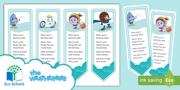 The Weatherbies Ronny Rain Helps the Plants to Grow bookmarks from Twinkl.com, one of the free Weatherbies range of School Grounds learning resources for EYFS