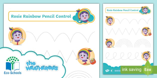 Rosie Rainbow Pencil Control exercise from the Weatherbies resources available on Twinkl